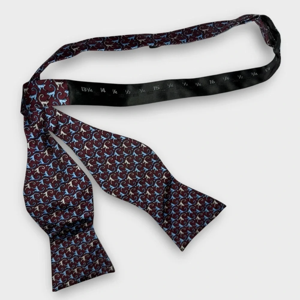 Tommy Hilfiger Bow Tie Monkeys Burgundy Maroon Blue White Silk Adjustable Unique